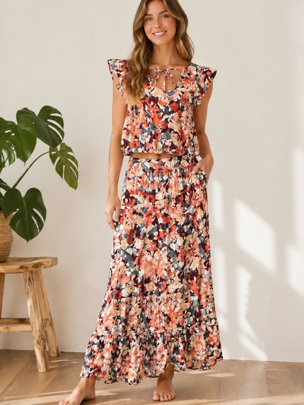 🌺 Anthropologie LUNA MOON Size L Boho Cottage Floral flutter Sleeve 2pc Set
